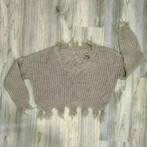Love Tree Beige Knit Sweater Cropped Long Sleeve Distressed Oversized Size S